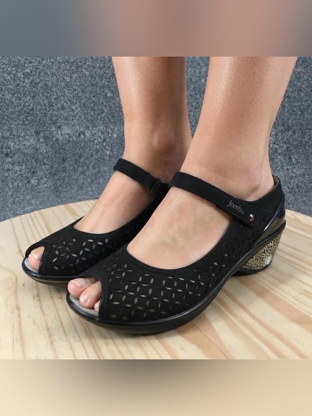 Jambu Black Laser-Cut Mary Jane Wedge Sandal